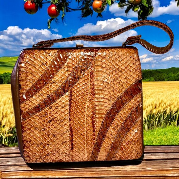 Vintage Snakeskin Handbag Structured Top Handle Clasp Purse Pocketbook - Picture 5 of 13